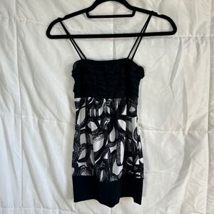 Pinkeli Black White Abstract Swirl Print Ruffle Strap Mini Dress Small